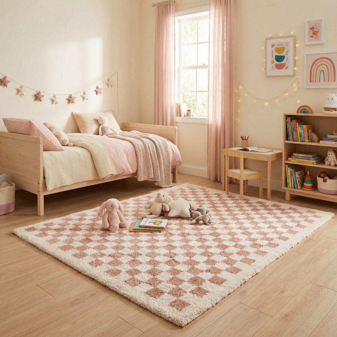 שטיח סטלה ילדים 62702-562 משבצות ורוד בהיר
